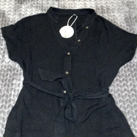 Anrabess Black Linen Blend Romper/Jumpsuit. Wide Leg w waist tie belt.  Large. - Picture 2 of 14